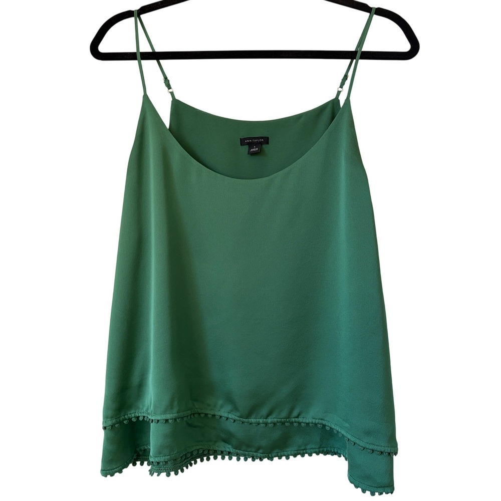 Ann Taylor Silky Satin Layered Cami Pom Pom Fringe Hem Green Sz Small EUC